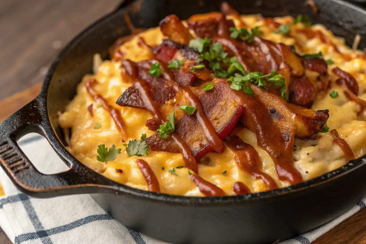 BBQ Bacon Mac in a cast iron skillet with crispy bacon and BBQ sauce