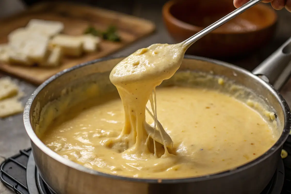 Creamy cheese sauce being stirred in a pan