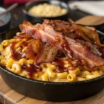 BBQ Bacon Mac served in a cast iron skillet, garnished with crispy bacon and a drizzle of BBQ sauce.