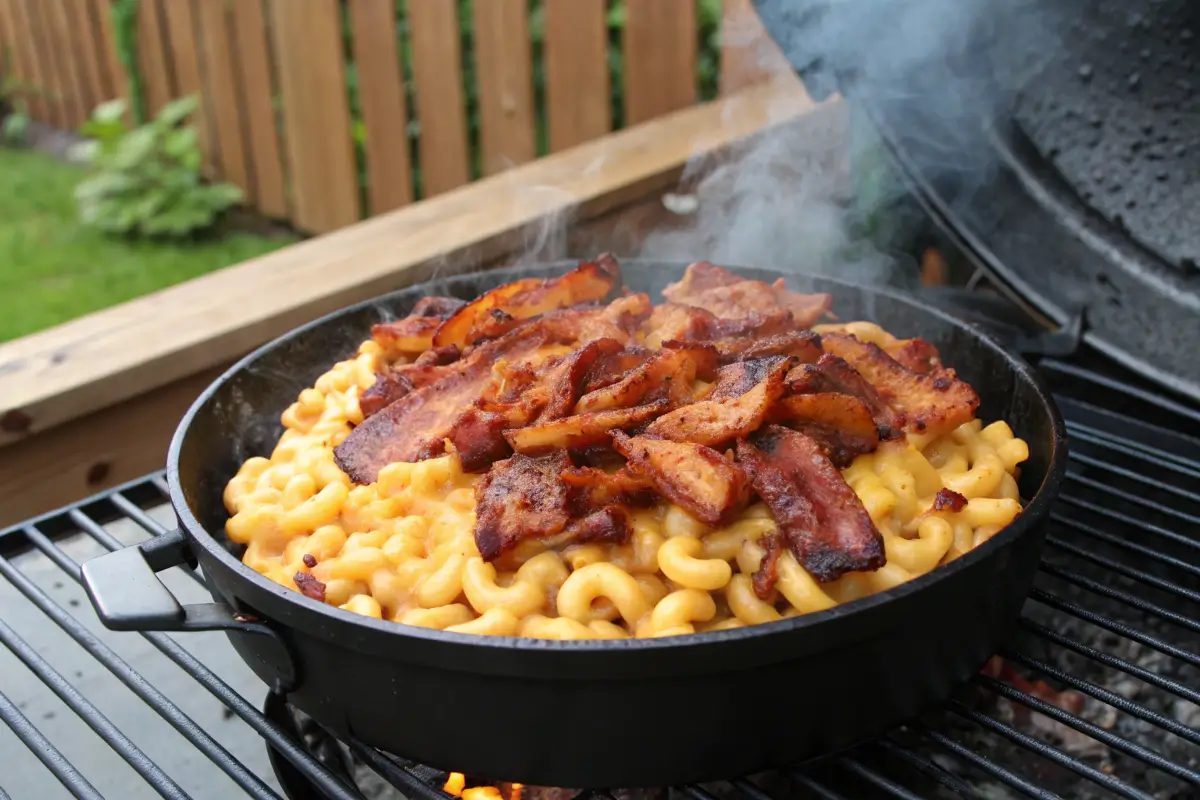 BBQ Bacon Mac smoking on a grill for extra flavor